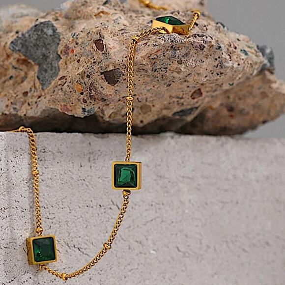 Gold Zircon Emerald Bracelet Chain Link - Picture 8 of 13